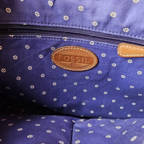 VGUC Fossil Crossbody Messenger Teacher Bag Pencil Shaving One size Navy Tan - Picture 5 of 10